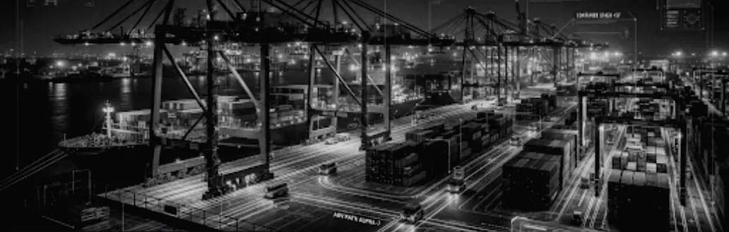 Illustration (AI-generated): container port at night with cranes and stacked containers